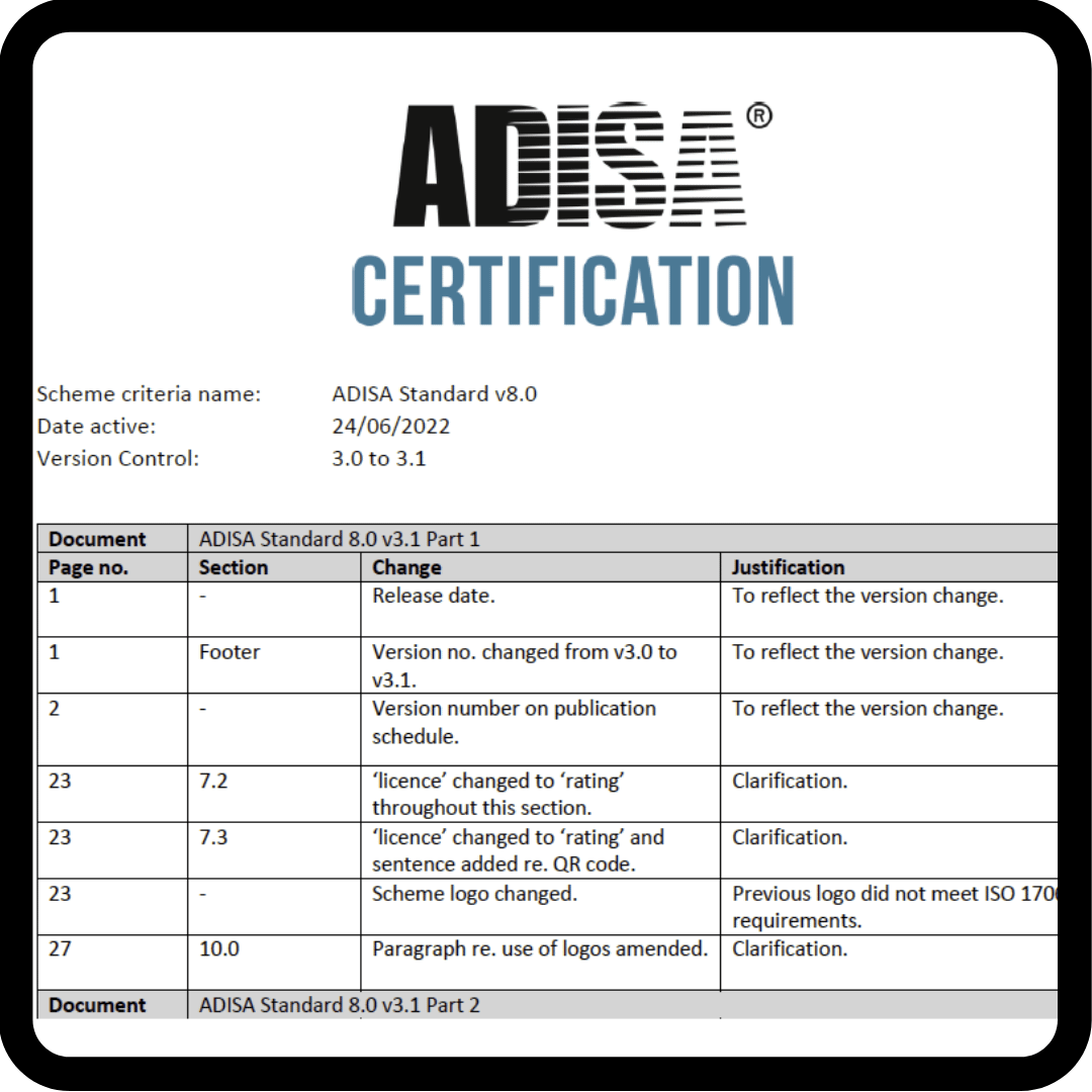 ADISA Certification criteria – schedule of changes.